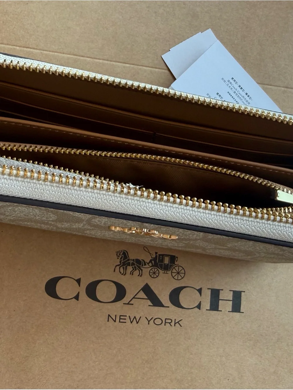 Coach Signature Long Zip Wallet in Light Khaki and Chalk